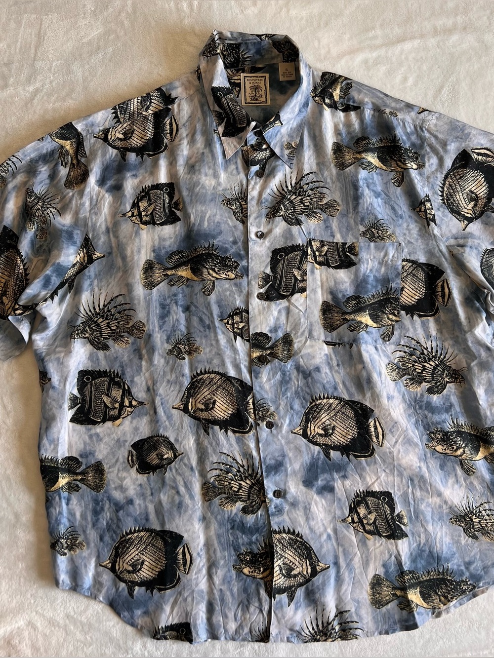 Men’s Roundtree & Yorke 100% Silk Light Blue Hawaiian Tropical Fish Shirt XL